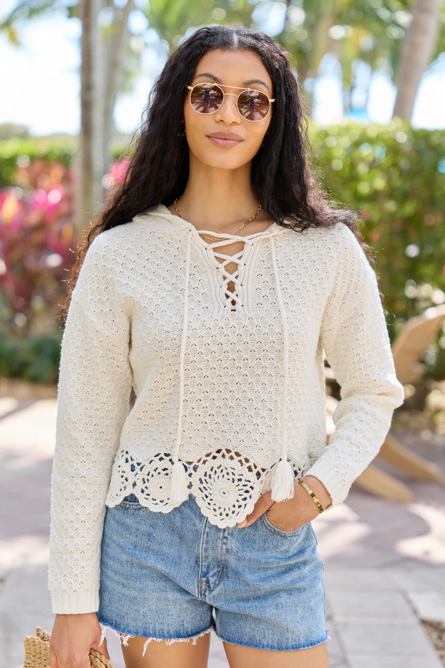Harrisyn Ivory Cropped Crochet V-Neck Hoodie