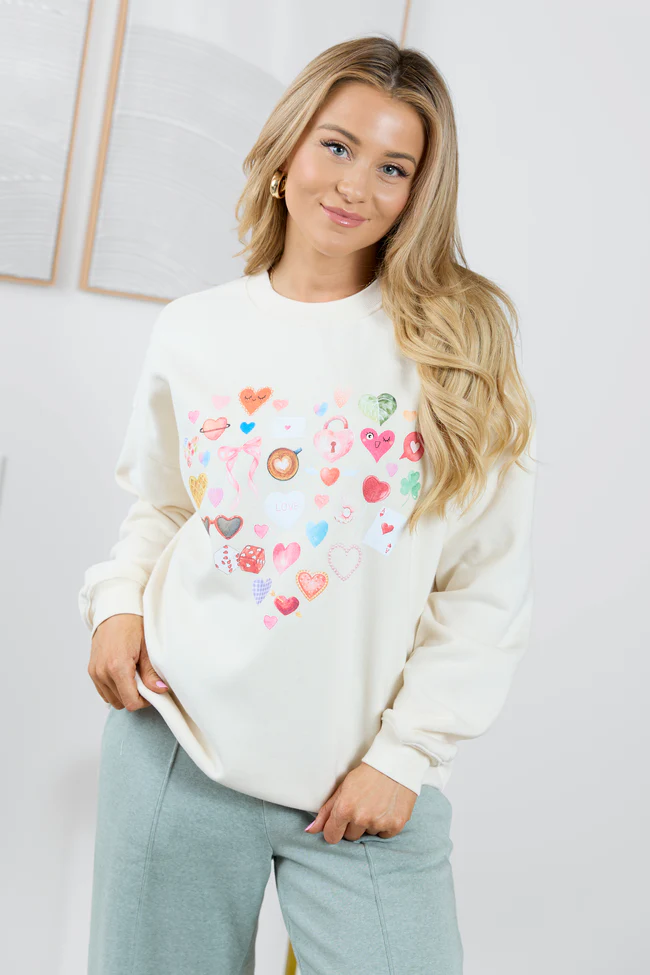 Heart Icons Cream Graphic Sweatshirt