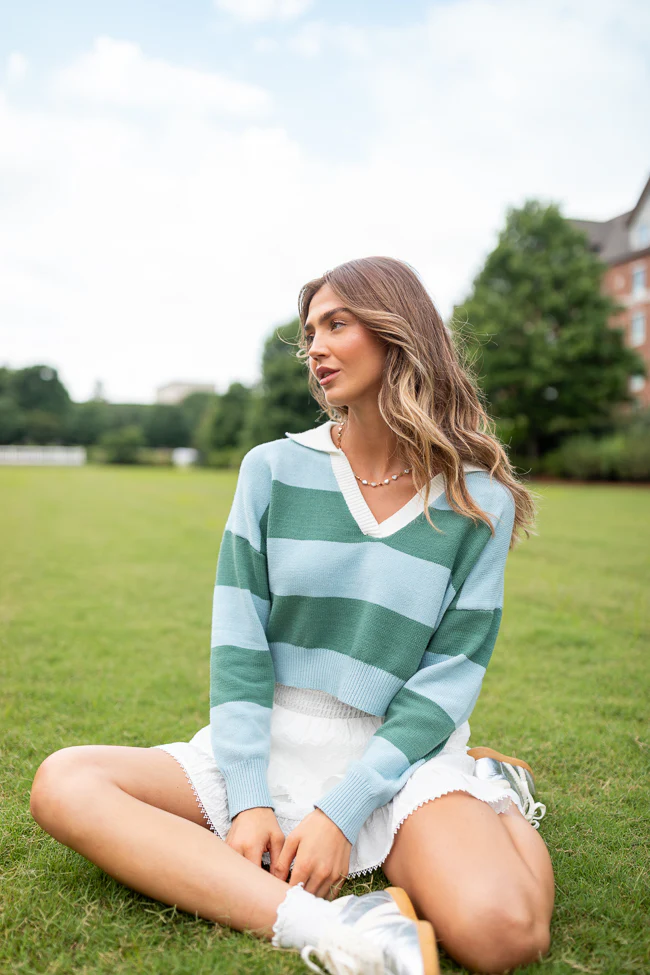 Hibiscus Blue and Green Striped Collared V-Neck Sweater FINAL SALE