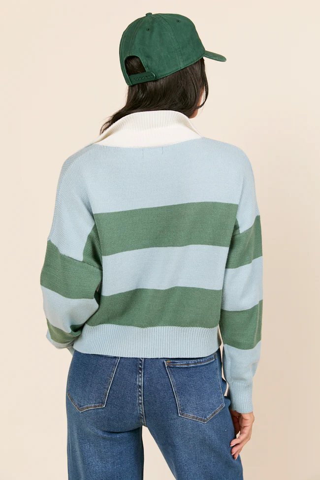 Hibiscus Blue and Green Striped Collared V-Neck Sweater FINAL SALE - Image 6