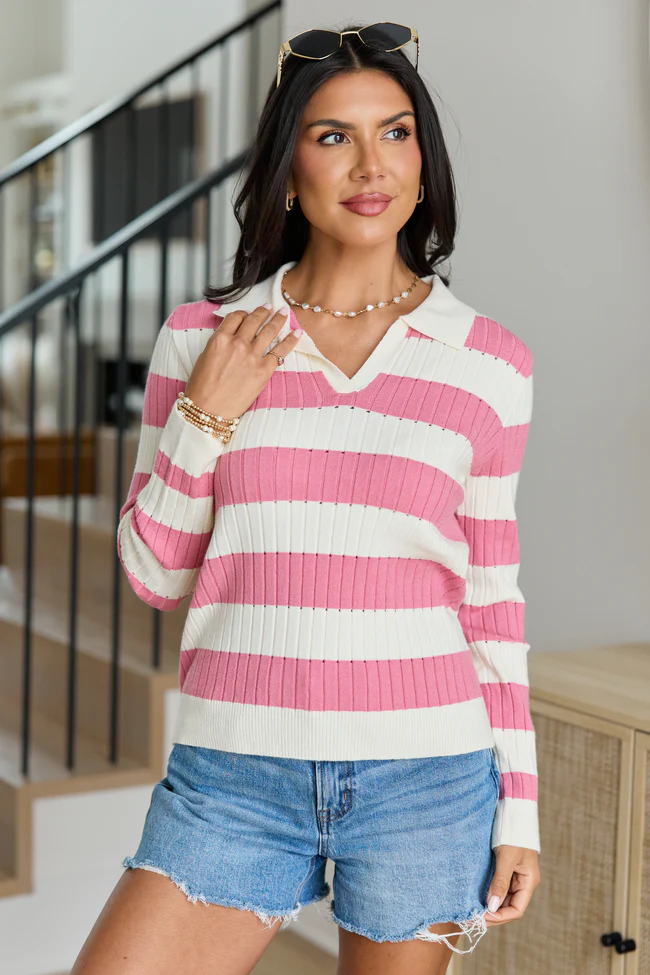 Hillary Pink Striped V-Neck Sweater - Image 3