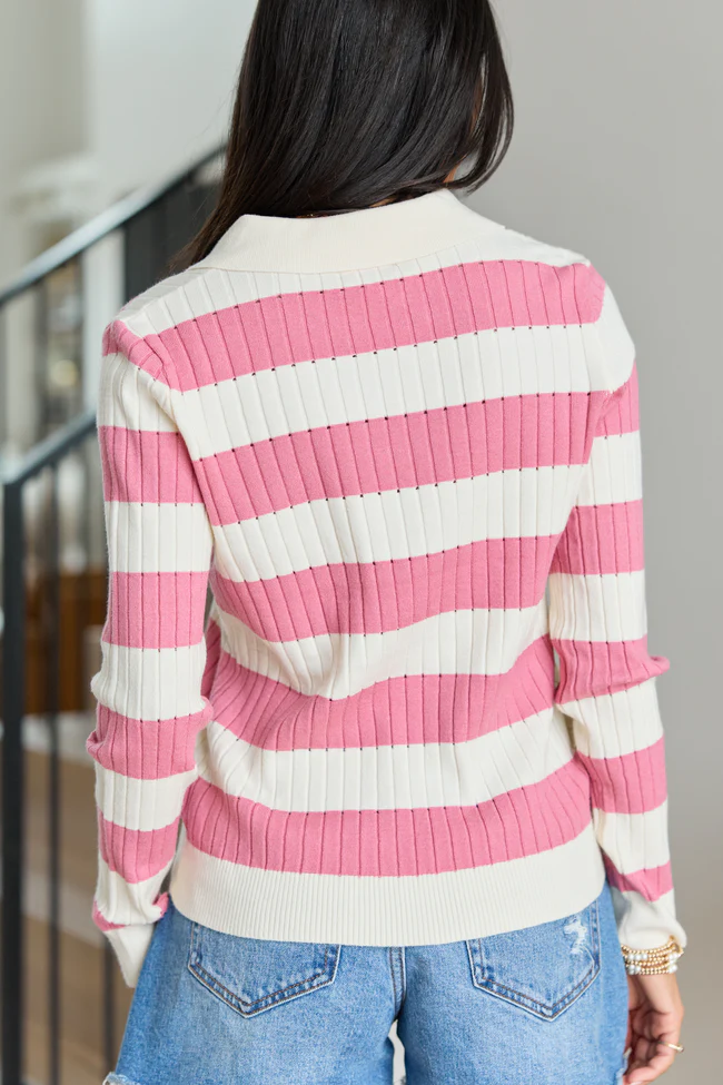Hillary Pink Striped V-Neck Sweater - Image 5