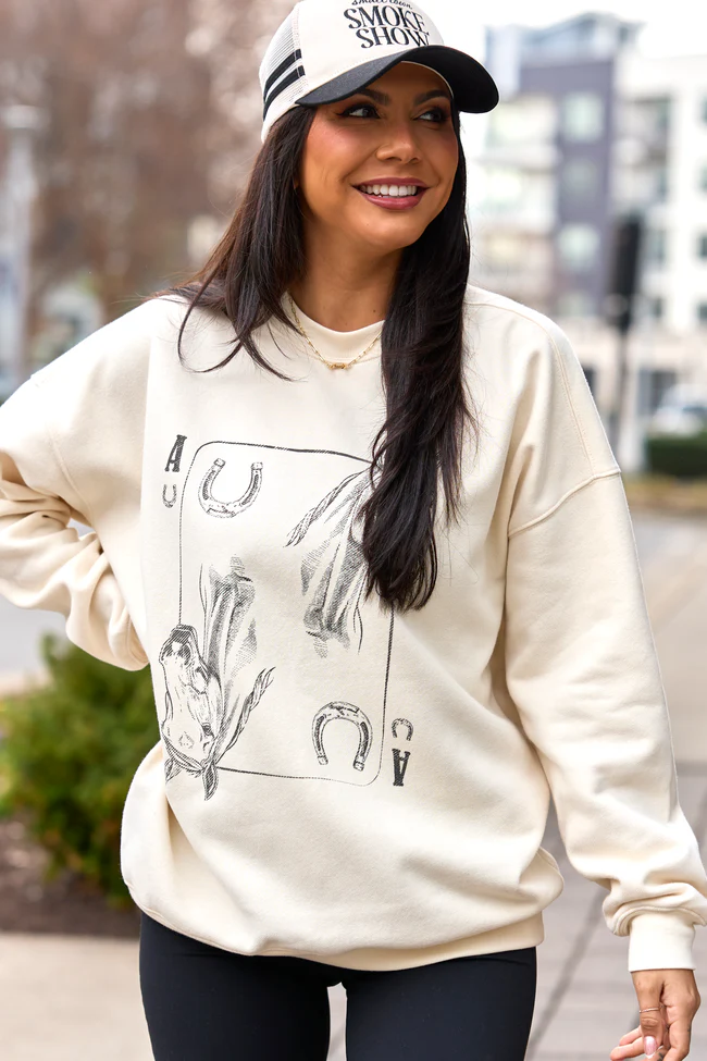 Horseshoe Card Cream Graphic Sweatshirt - Image 4