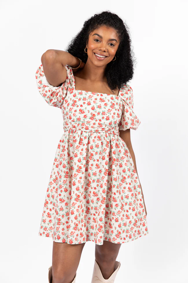 I'm Just A Girl Ivory and Red Rosette Printed Mini Dress FINAL SALE - Image 2