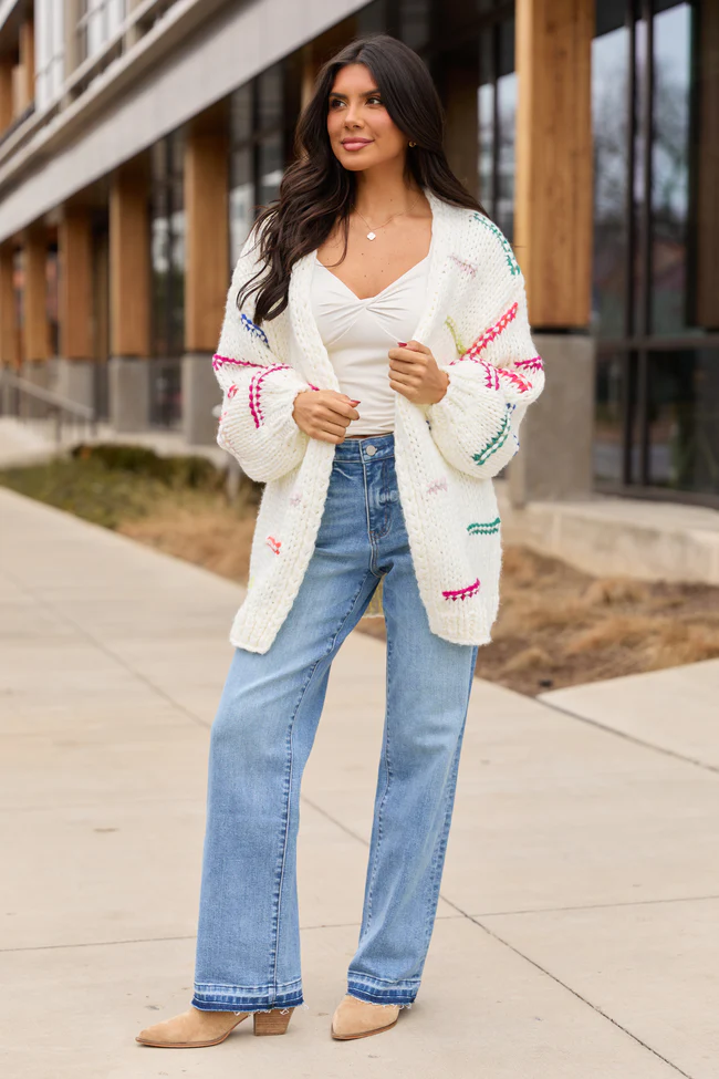Janet Ivory And Multicolor Chunky Knit Open Cardigan - Image 2