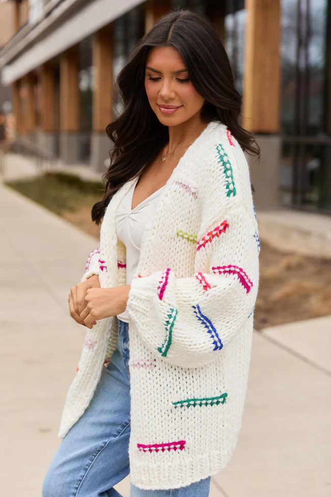 Janet Ivory And Multicolor Chunky Knit Open Cardigan - Image 3