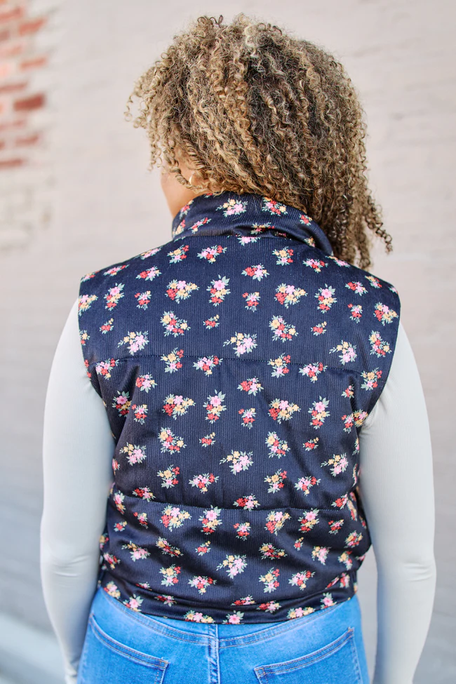 Janice Black Floral Print Puffer Vest FINAL SALE - Image 5