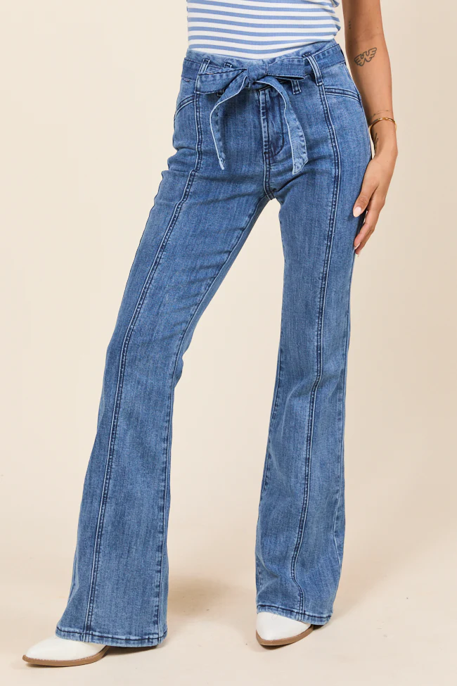 Jocelyn Dark Wash Tie Waist Flare Leg Jeans FINAL SALE - Image 2