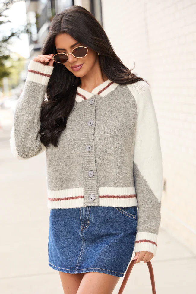Jordan Grey Bomber Cardigan Sweater FINAL SALE - Image 2