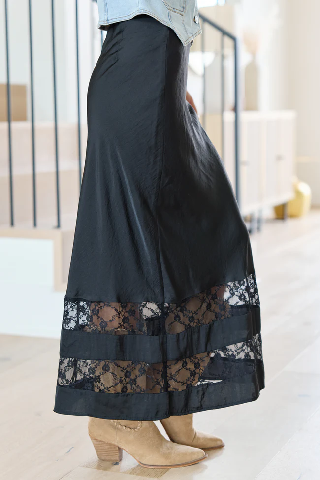 Kaden Black Satin Lace Inset Midi - Image 3