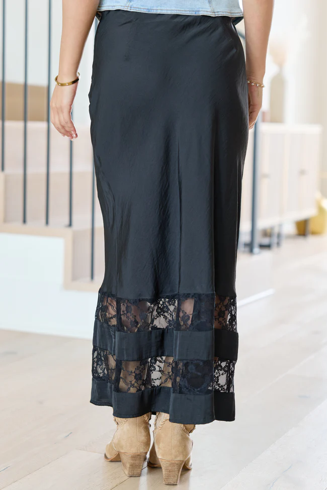 Kaden Black Satin Lace Inset Midi - Image 4