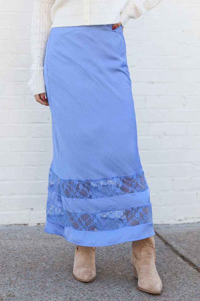 Kaden Blue Satin Lace Inset Midi Skirt