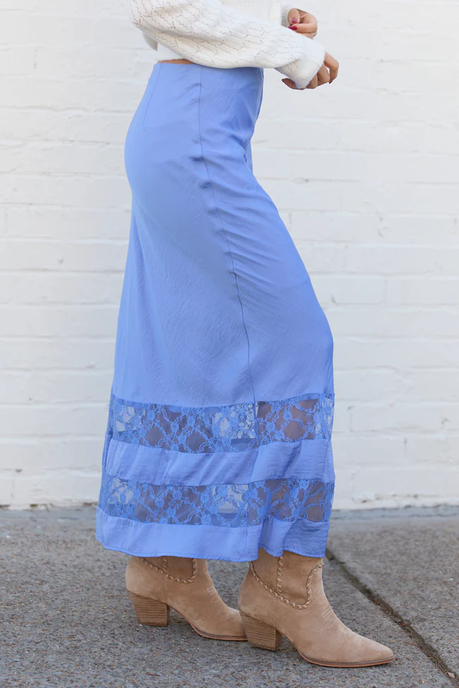 Kaden Blue Satin Lace Inset Midi Skirt - Image 3