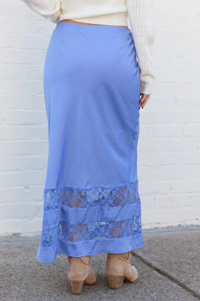 Kaden Blue Satin Lace Inset Midi Skirt - Image 4