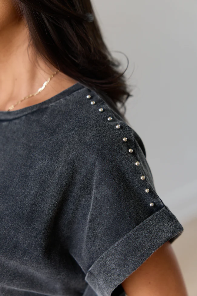 Kamryn Black Studded Acid Wash Tee - Image 2