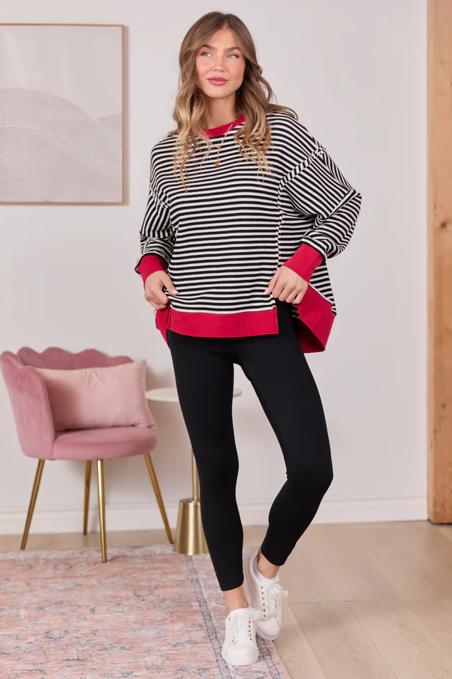 Kara Black And White Stripe Waffle Pullover - Image 2