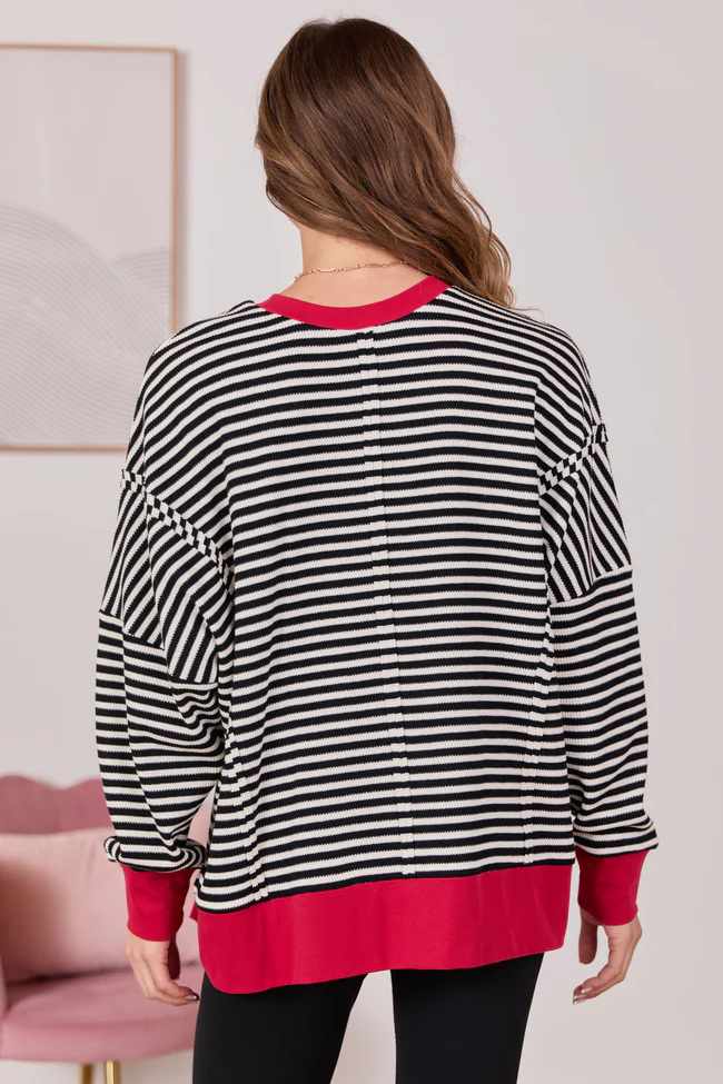 Kara Black And White Stripe Waffle Pullover - Image 4