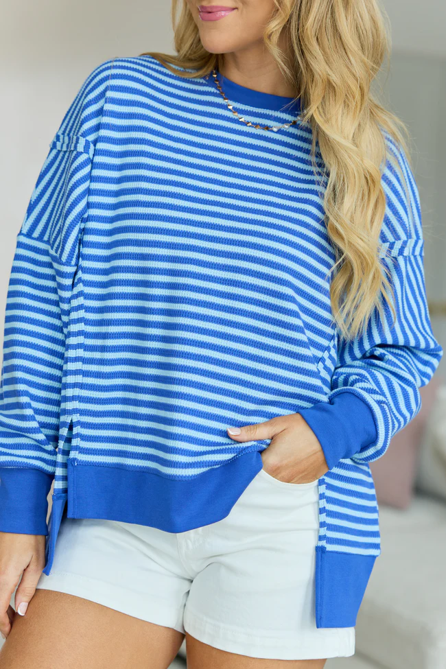 Kara Blue Stripe Waffle Pullover - Image 3