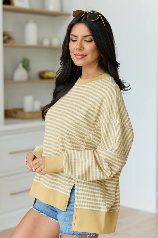 Kara Yellow Stripe Waffle Pullover - Image 3