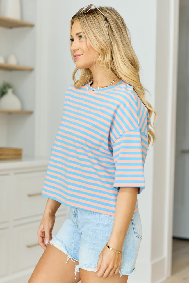 Keep It Casual Blue and Coral Multi Boxy Striped Tee - Image 5