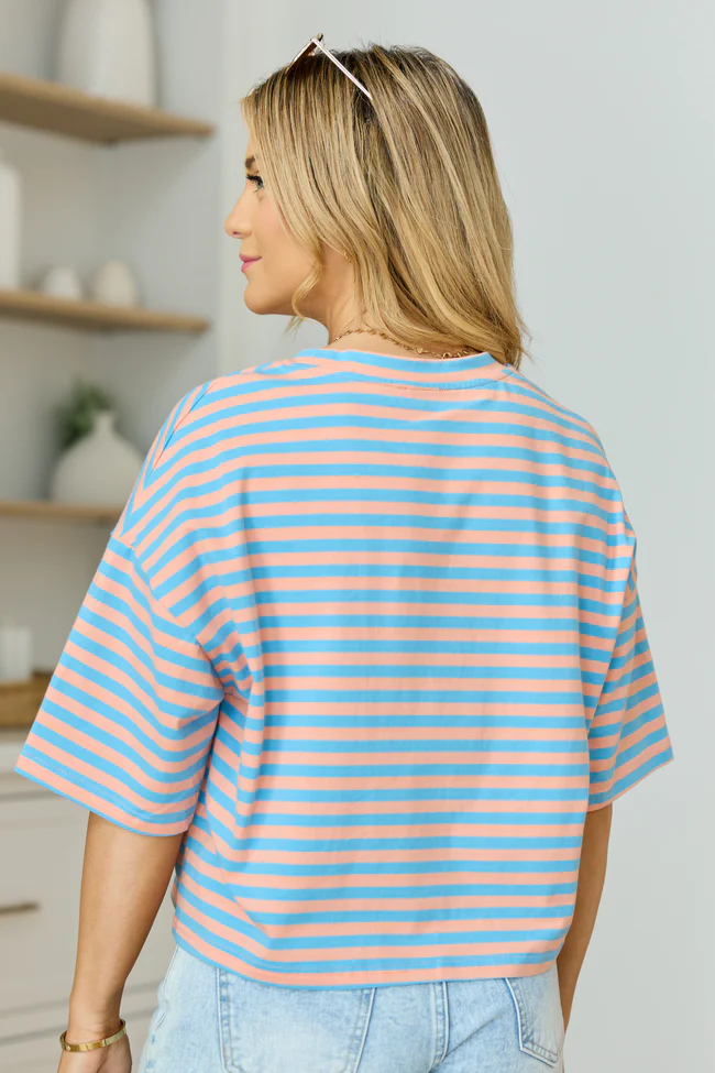 Keep It Casual Blue and Coral Multi Boxy Striped Tee - Image 6