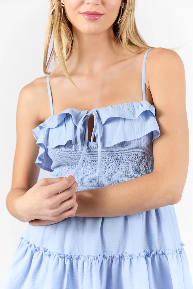 Keep My Promises Light Blue Smocked & Ruffle Detail Dress - Image 4