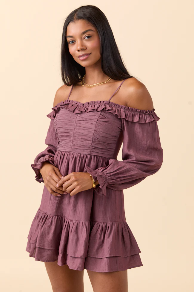 Kenzi Dusty Mauve Off The Shoulder Mini Dress FINAL SALE