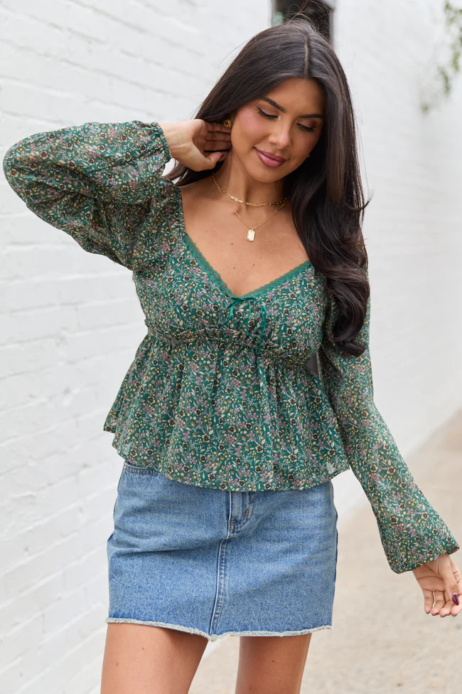 Kileigh Green Floral Long Sleeve Babydoll Top FINAL SALE