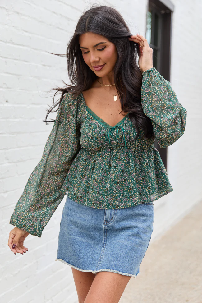Kileigh Green Floral Long Sleeve Babydoll Top FINAL SALE - Image 3