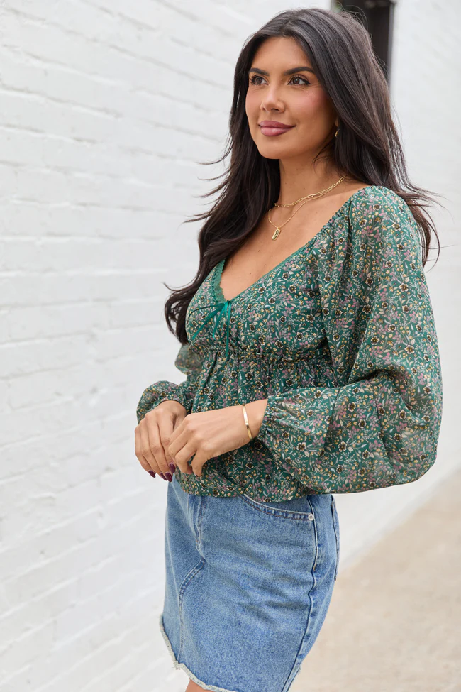 Kileigh Green Floral Long Sleeve Babydoll Top FINAL SALE - Image 4