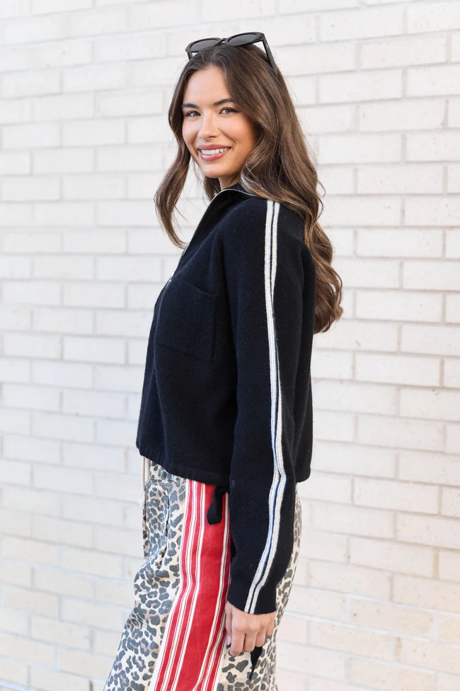 Kimmy Black with Ivory Stripes Full Zip Sweater FINAL SALE - Image 5