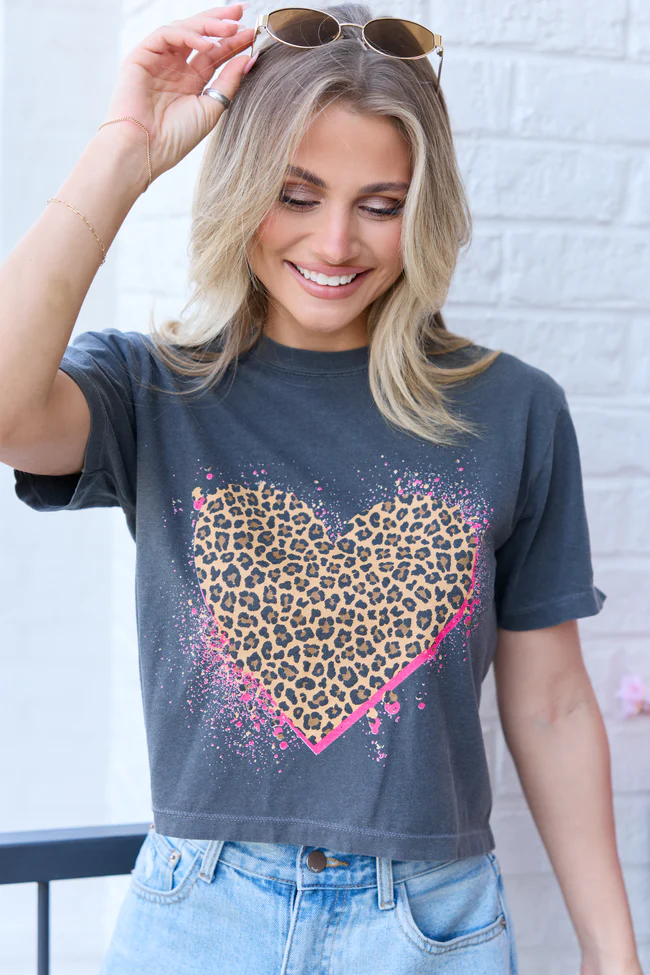 Leopard Heart Dark Grey Boxy Graphic Tee - Image 3