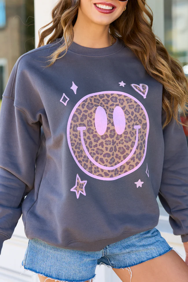 Leopard Smiley Face Dark Grey Graphic Sweatshirt - Image 2