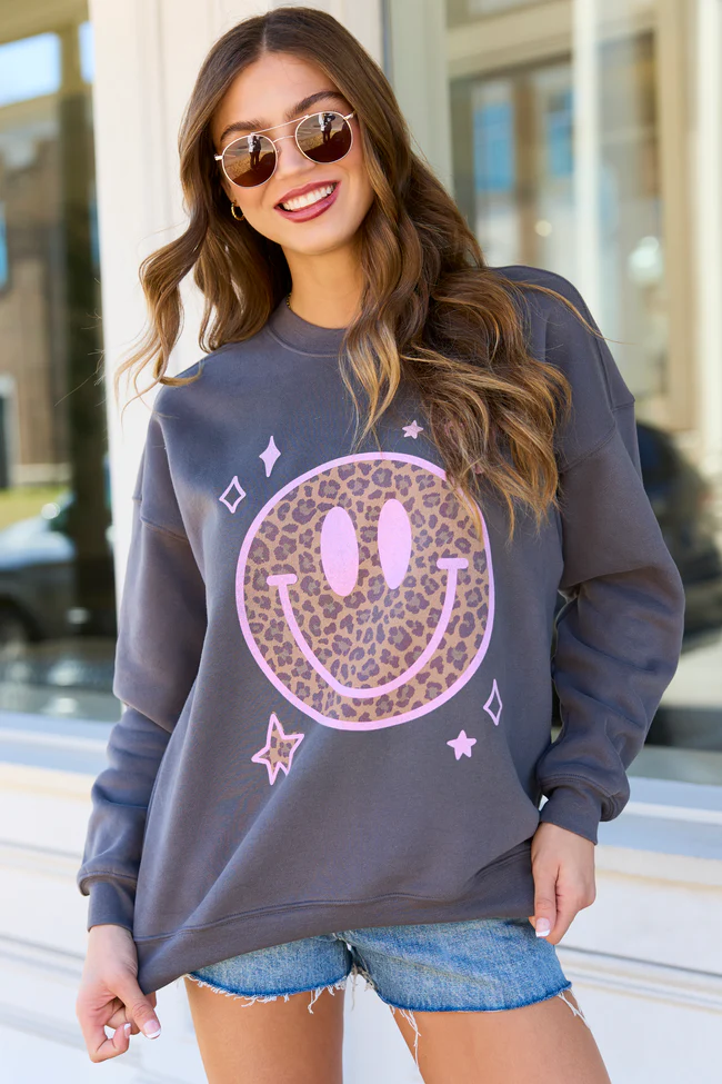 Leopard Smiley Face Dark Grey Graphic Sweatshirt - Image 3