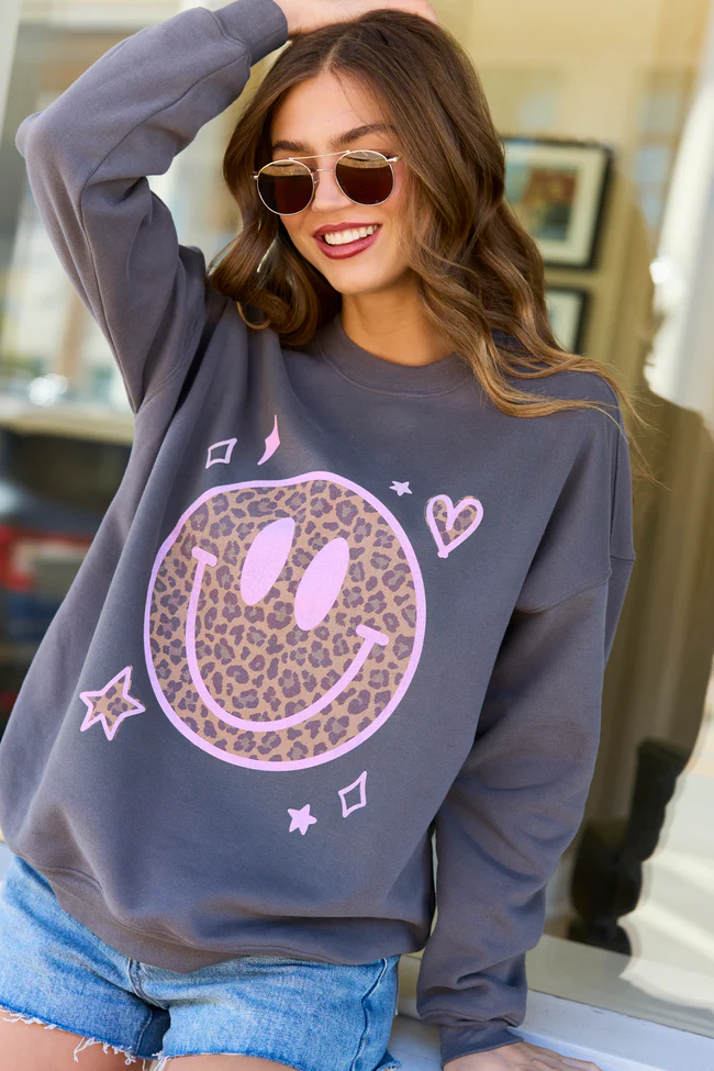 Leopard Smiley Face Dark Grey Graphic Sweatshirt - Image 4