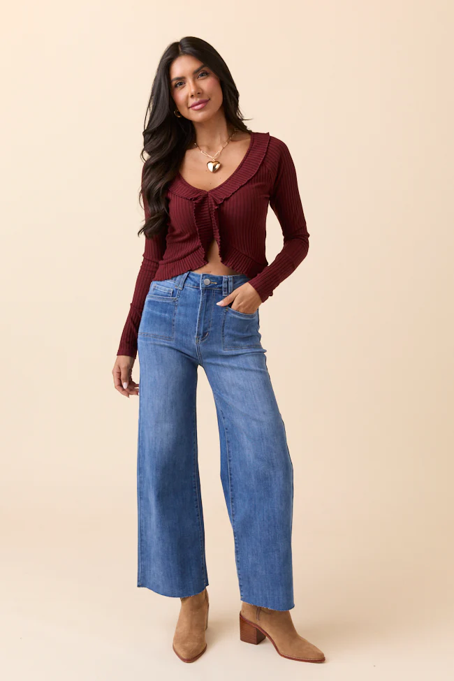 Linda Burgundy Ruffled Neckline Long Sleeve Knit Top FINAL SALE - Image 2