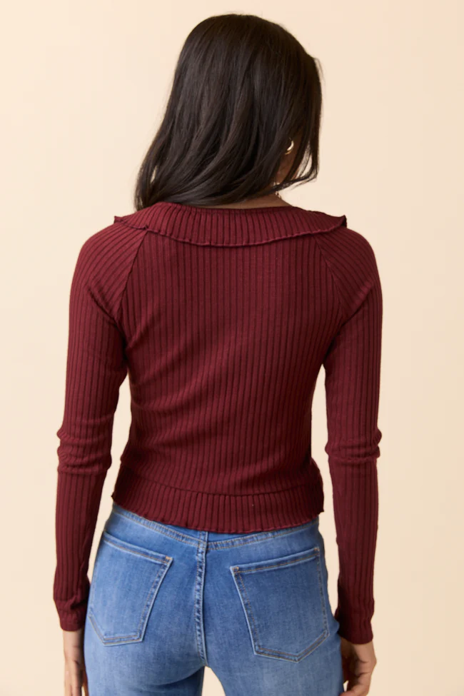 Linda Burgundy Ruffled Neckline Long Sleeve Knit Top FINAL SALE - Image 4