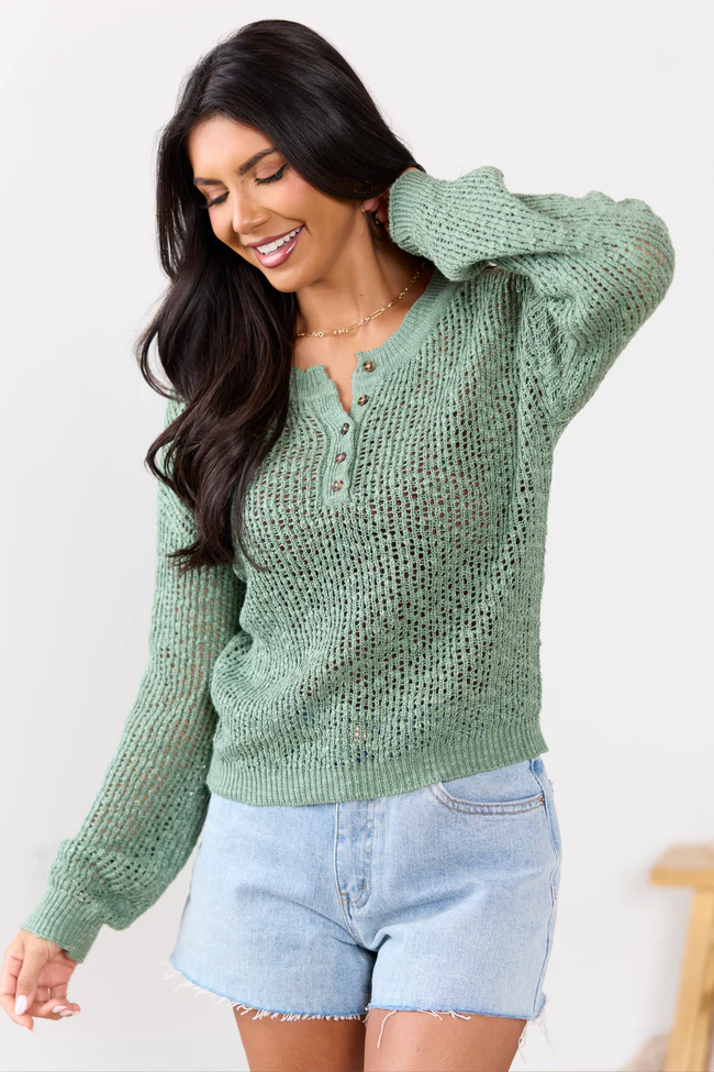Lotus Long Sleeve Sage Open Knit Henley Sweater