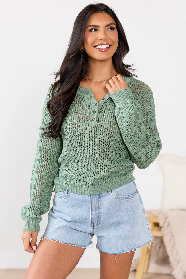 Lotus Long Sleeve Sage Open Knit Henley Sweater - Image 3