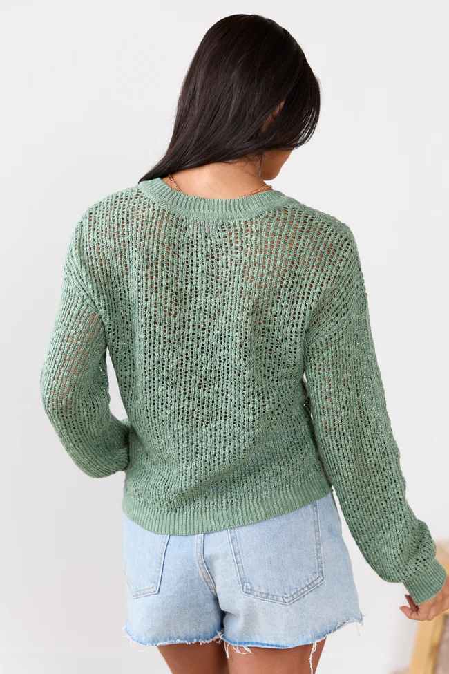 Lotus Long Sleeve Sage Open Knit Henley Sweater - Image 5