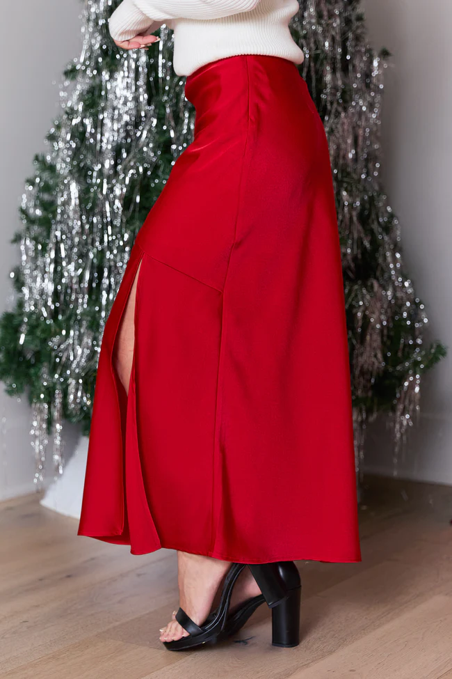 Lumi Red Satin Slit Maxi Skirt FINAL SALE - Image 3