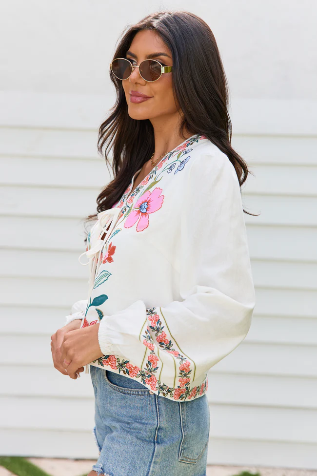 Maclyn White Floral Long Sleeve Tie Front Top - Image 4