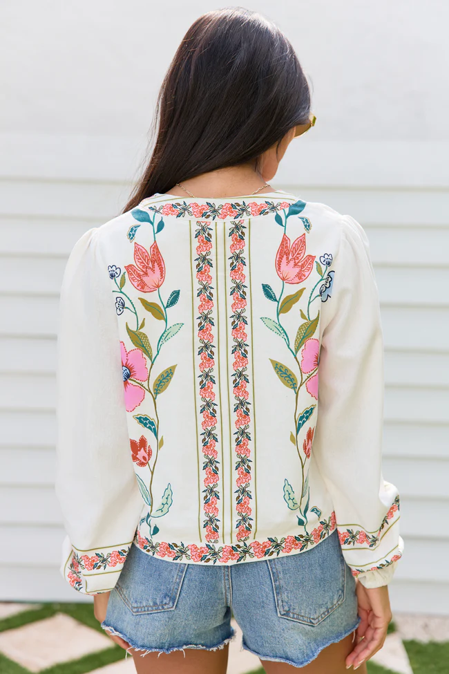 Maclyn White Floral Long Sleeve Tie Front Top - Image 5