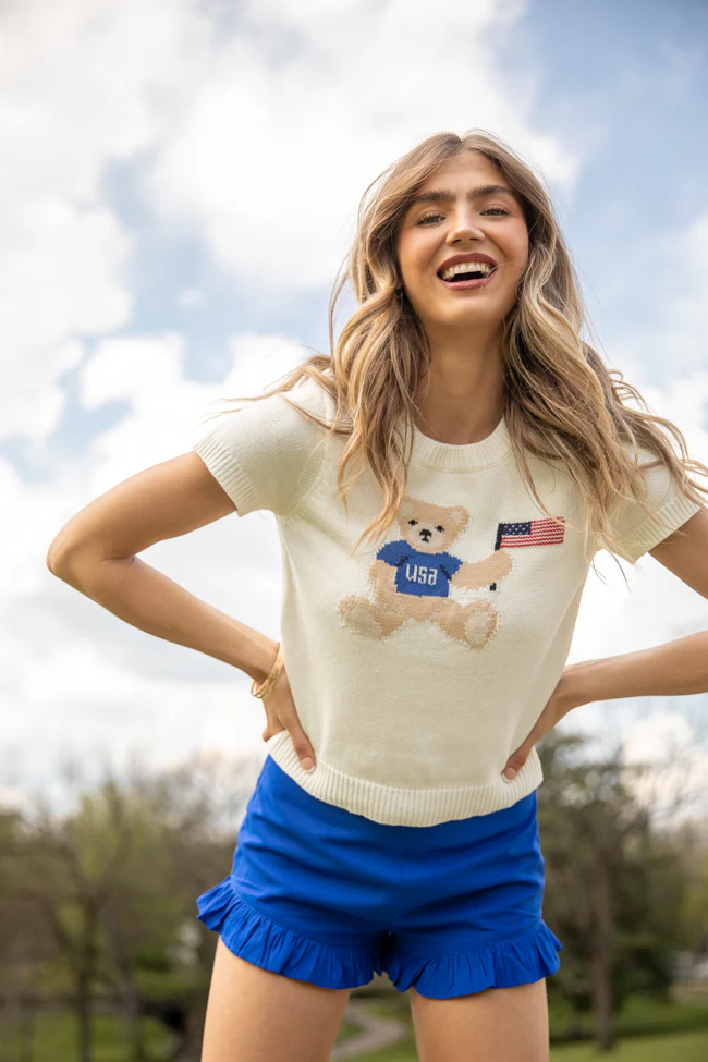 Made For Celebratin' Ivory Americana Short Sleeve Bear Sweater FINAL SALE