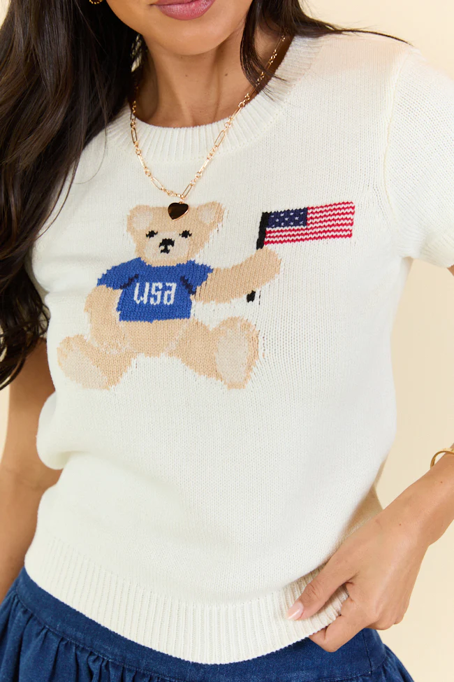 Made For Celebratin' Ivory Americana Short Sleeve Bear Sweater FINAL SALE - Image 5