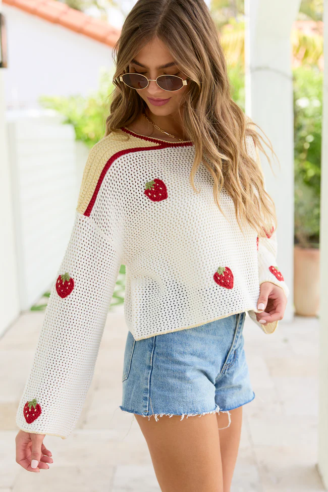 Madi Ivory Strawberry Crewneck Sweater - Image 3