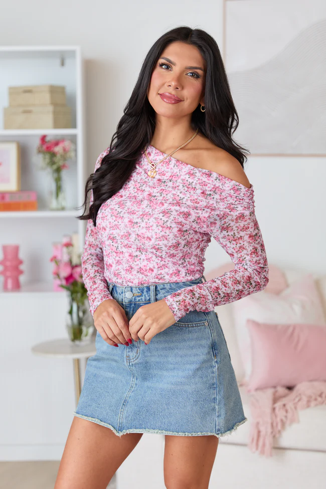 Mallory Pink Floral Off Shoulder Long Sleeve Top FINAL SALE