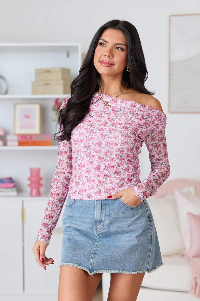 Mallory Pink Floral Off Shoulder Long Sleeve Top FINAL SALE - Image 3