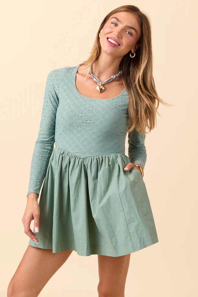 Marina Sage Eyelet Mini Dress FINAL SALE - Image 2