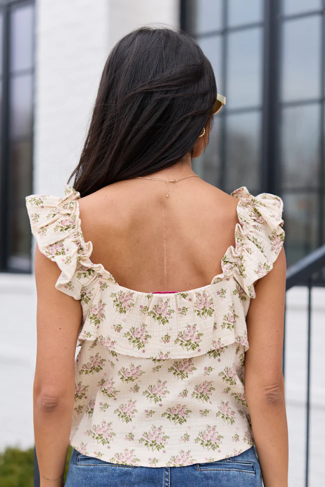 Mary Pink And Green Floral Printed Gauze Woven Tank - Image 5